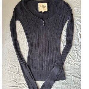 Y2K Abercrombie & Fitch Navy Blue Ribbed Long Sleeve Henley Top Size M